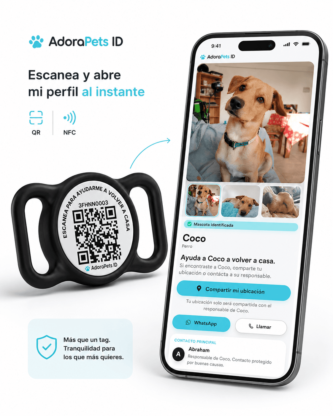 Placa AdoraPets ID junto a un teléfono que muestra el perfil público de Coco.